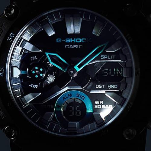 Подсветка циферблата часов CASIO G-SHOCK GA-2000-1A2ER осуществляется с помощью яркого светодиода.