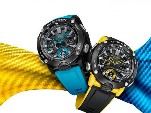 Имиджевое фото двух карбоновых часов CASIO G-SHOCK GA-2000: синий GA-2000-1A2ER и желтый GA-2000-1A9ER.