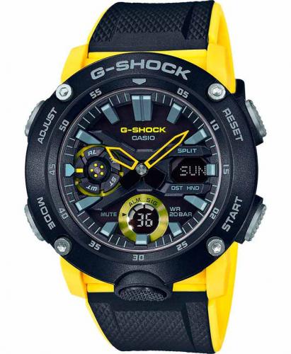 Карбоновые противоударные часы CASIO G-SHOCK GA-2000-1A9ER черно-желтые, двухслойный ремень, LED, Ana-Digi, wr200m.