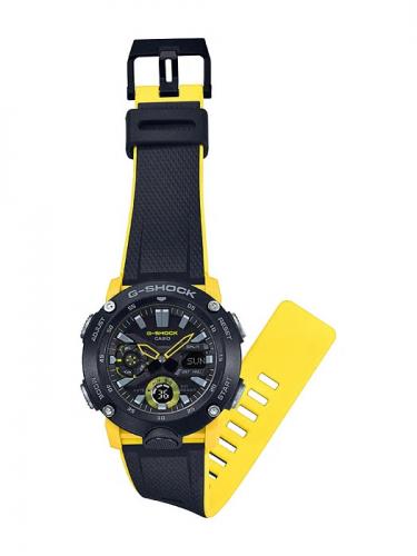 Часы G-SHOCK GA-2000-1A9ER комплектуются двухслойным черным полимерным ремешком с желтой внутренней стороной.
