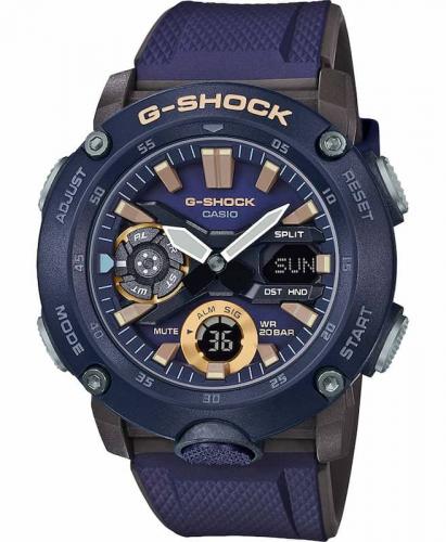 Противоударные часы из карбона CASIO G-SHOCK GA-2000-2AER Military синие, индексы rose gold, двухслойный ремень Ana-digi 200m.