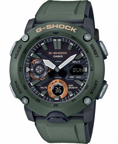 Противоударные часы из карбона CASIO G-SHOCK GA-2000-3AER Military хаки, Carbon Core Guard, инверсные, LED, Ana-Digi, 200m.
