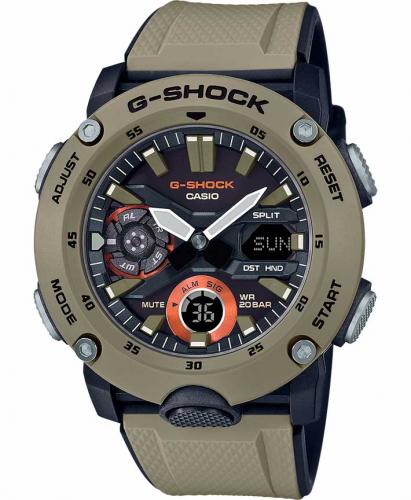Милитари часы из карбона CASIO G-SHOCK GA-2000-5AER коричневые, LED, двухслойный ремень, Carbon Core Guard, Ana-digi, 200m.