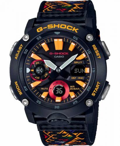 Лимитированные часы из карбона CASIO G-SHOCK GA-2000BT-1AER Bhutan, Carbon Core Guard, черно-оранжевые, Ana-digi, 200m.