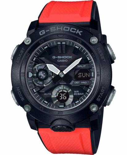 Карбоновые противоударные часы CASIO G-SHOCK GA-2000E-4ER красно-черные с 2 дополнительными ремнями Ana-Digi, wr200m.