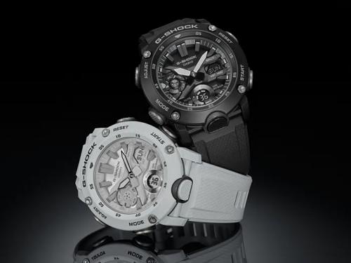 Студийное фото двух монотонных вариантов CASIO G-SHOCK GA-2000: белый GA-2000S-7AER и черный GA-2000S-1AER.