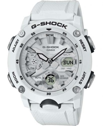 Противоударные карбоновые часы CASIO G-SHOCK GA-2000S-7AER белые Carbon Core Guard, LED подсветка, Ana-Digi, wr200m.