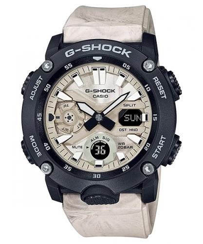 Часы из карбона CASIO G-SHOCK GA-2000WM-1AER Utility Wavy Marble бежево-черные, Carbon Core Guard, LED, Ana-digi, wr200m.