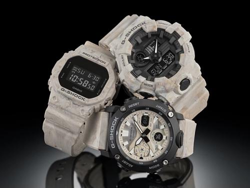 Студийное фото мраморных часов G-SHOCK серии «Earth Color Tone»: DW-5600WM-5ER, GA-2000WM-1AER, GA-700WM-5A.
