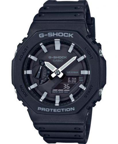 Октагоновые тонкие противоударные карбоновые часы CASIO G-SHOCK GA-2100-1AER CasiOak Octagon черные, Ana-Digi, 200M.