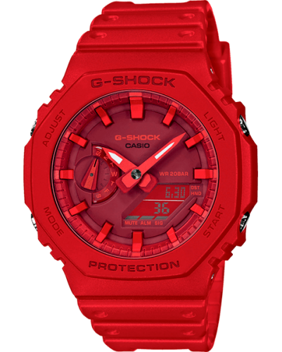 Восьмиугольные тонкие противоударные часы из карбона CASIO G-SHOCK GA-2100-4AER CasiOak красные, Double LED, Ana-Digi, 200M.