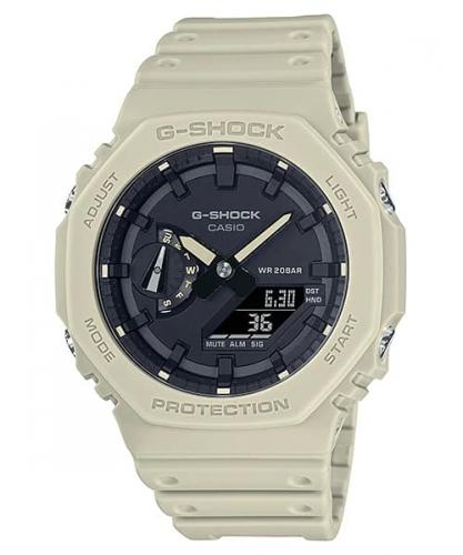 Противоударные тонкие карбоновые часы CASIO G-SHOCK GA-2100-5AER Basiс Colors CasiOak Octagon бежево-черные, Ana-Digi.