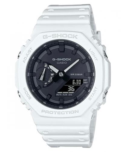 Октагоновые тонкие ударопрочные часы из карбона CASIO G-SHOCK GA-2100-7AER Basiс Colors CasiOak бело-черные, LED, wr200m.