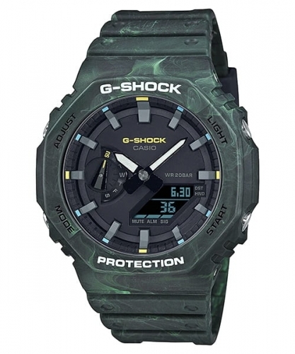 Противоударные тонкие карбоновые часы CASIO G-SHOCK GA-2100FR-3AER «Mystic Foggy Forest» CasiOak Octagon зеленые, Ana-Digi.