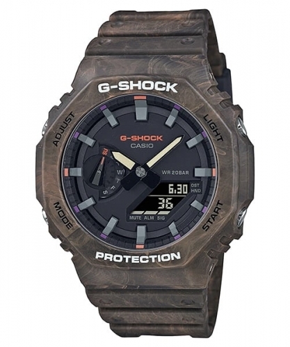 Противоударные тонкие карбоновые часы CASIO G-SHOCK GA-2100FR-5AER «Mystic Foggy Forest» CasiOak коричневые, Ana-Digi, 200m.