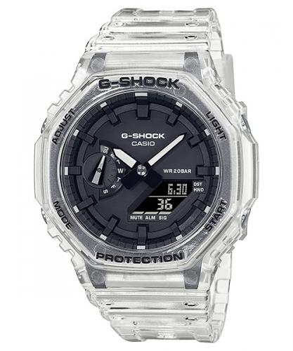 Полупрозрачные тонкие противоударные часы из карбона CASIO G-SHOCK GA-2100SKE-7AER Skeleton Octagon, LED, Ana-Digi, 200m.