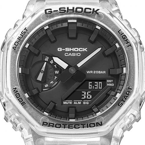 Инверсная индикация и контрастные стрелки часов G-SHOCK GA-2100SKE-7AER Skeleton позволяют легко считывать информацию.