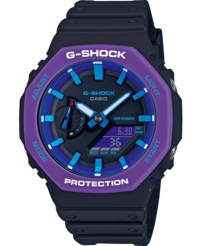Восьмиугольные тонкие ударопрочные часы из карбона CASIO G-SHOCK GA-2100THS-1AER Throwback 1990s / Joker фиолетово-черные.