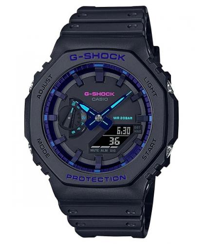 Противоударные тонкие карбоновые часы CASIO G-SHOCK GA-2100VB-1AER «Virtual Blue» CasiOak черно-фиолетовые, Ana-Digi.