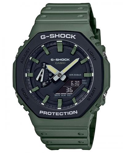 Ударопрочные тонкие часы CASIO G-SHOCK GA-2110SU-3AER Street Utility черно-зеленая двухслойная накладка на корпус из карбона.