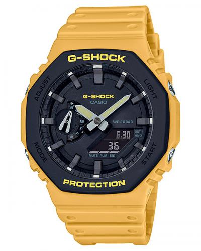 Ударопрочные тонкие часы CASIO G-SHOCK GA-2110SU-9AER Street Utility черно-желтая двухслойная накладка на корпус из карбона.