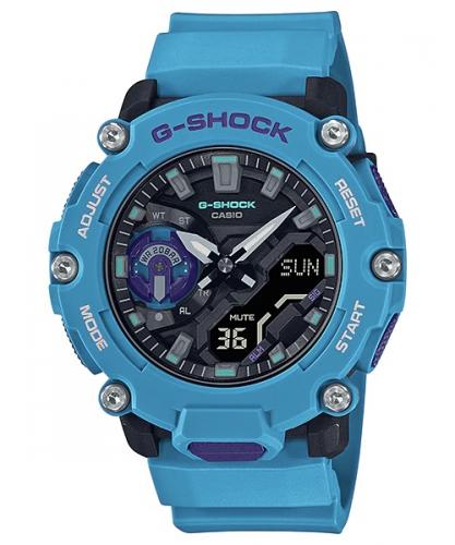 Противоударные и тонкие карбоновые часы CASIO G-SHOCK GA-2200-2AER синие Ana-Digi в индустриальном стиле, подсветка, wr200m.