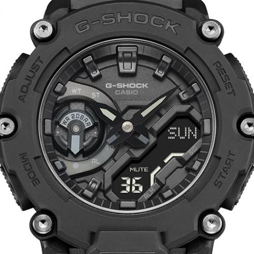 Индикатор режимов часов CASIO G-SHOCK GA-2200BB-1AER Stealth выполнен в стиле тормозного диска и заключен в кольцо.
