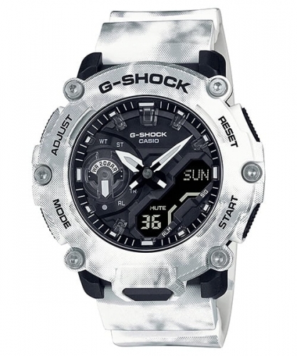 Ударопрочные карбоновые slim часы CASIO G-SHOCK GA-2200GC-7AER «Frozen Forest» белые в индустриальном стиле, Ana-Digi.