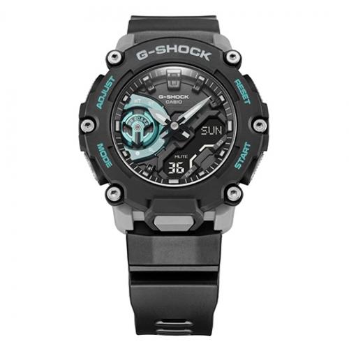 Индустриальный стиль часов G-SHOCK GA-2200M-1AER проявляется в плоском безеле с 6 винтами, демонстрируя высокую прочность.