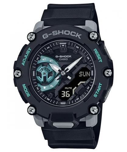 Противоударные и тонкие карбоновые часы CASIO G-SHOCK GA-2200M-1AER черно-серые в индустриальном стиле, подсветка, wr200m.