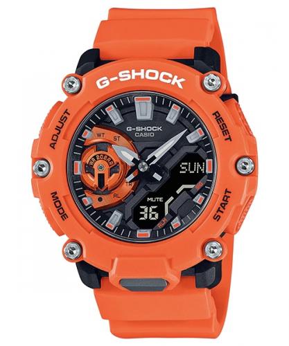 Противоударные и тонкие карбоновые часы CASIO G-SHOCK GA-2200M-4AER оранжевые в индустриальном стиле, подсветка, wr200m.