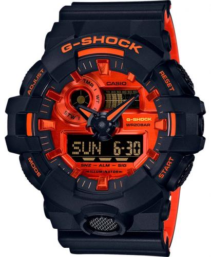 Крупные ударопрочные часы CASIO G-SHOCK GA-700BR-1AER Bright Orange черные с оранжевым циферблатом, Ana-Digi, wr200m.