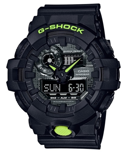 Крупные ударопрочные часы CASIO G-SHOCK GA-700DC-1AER Digital Camouflage черные с салатовыми акцентами, Ana-Digi, wr200m.