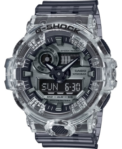 Крупные противоударные полупрозрачные часы CASIO G-SHOCK GA-700SK-1AER Clear Skeleton серые, Ana-Digi, LED, wr200m.