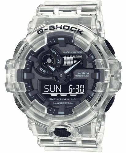 Крупные противоударные полупрозрачные часы CASIO G-SHOCK GA-700SKE-7AER Skeleton с черным циферблатом, Ana-Digi.