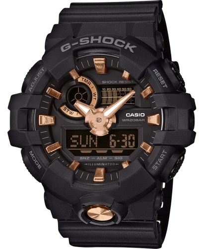 Крупные противоударные часы CASIO G-SHOCK GA-710B-1A4ER Gold Accents черные с циферблатом rose gold, Ana-Digi, wr200m.