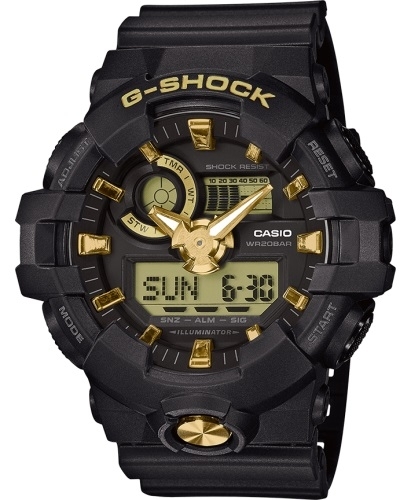 Крупные ударопрочные часы CASIO G-SHOCK GA-710B-1A9ER Gold Accents черные с циферблатом gold, Ana-Digi, LED, wr200m.