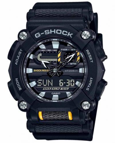 Крупные 10-гранные аналогово-цифровые ударопрочные часы CASIO G-SHOCK GA-900-1AER Industrial черные, Super LED, 200m.