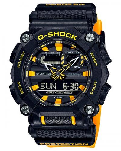 Крупные десятиугольные ударопрочные аналогово-цифровые часы CASIO G-SHOCK GA-900A-1A9ER Industrial желтые, LED, 200m.
