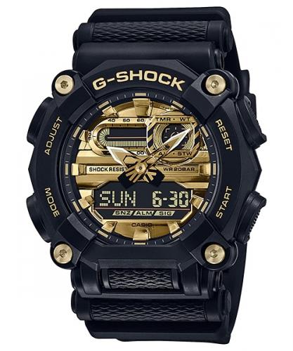 Крупные 10-угольные ударопрочные часы CASIO G-SHOCK GA-900AG-1AER черные с циферблатом Metallic Gold, Ana-Digi, wr200m.
