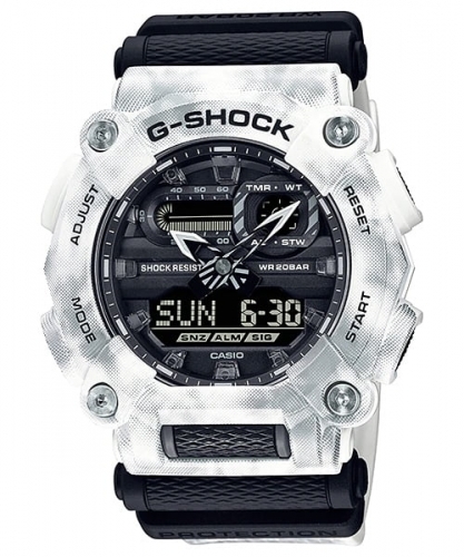Крупные 10-угольные ударопрочные часы CASIO G-SHOCK GA-900GC-7AER «Grunge Snow Camo» черно-белые LED, Ana-Digi, wr200m.