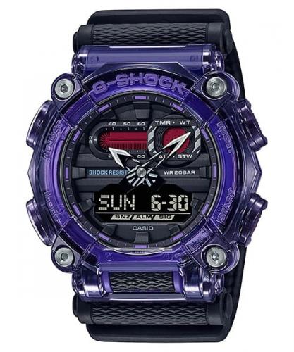 Полупрозрачные ударопрочные часы CASIO G-SHOCK GA-900TS-6AER Tech Skeleton Purple с синим светоотражающим ремнем Ana-Digi.