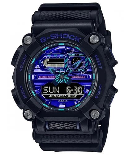 Противоударные 10-гранные часы CASIO G-SHOCK GA-900VB-1AER «Virtual Blue» черные с синим циферблатом LED, Ana-Digi, wr200m.