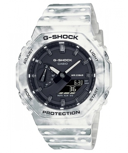 Противоударные тонкие карбоновые часы CASIO G-SHOCK GAE-2100GC-7AER «Grunge Snow Camo» CasiOak белые, бокс-сет, 200m.
