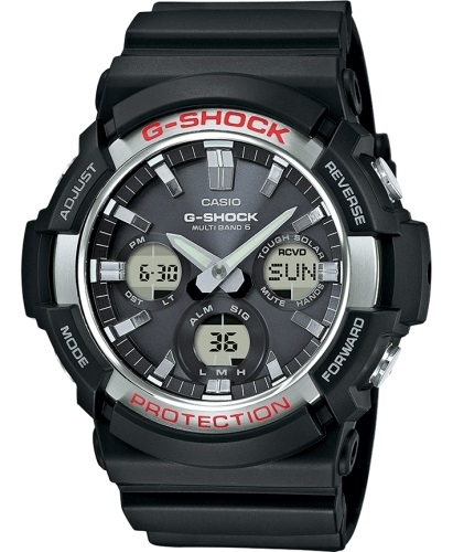 Крупные противоударные аналогово-цифровые часы CASIO G-SHOCK GAW-100-1AER черные, Solar, Wave Ceptor, wr200m.