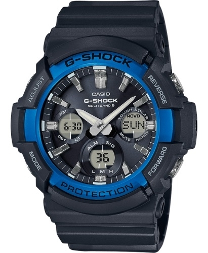 Крупные противоударные аналогово-цифровые часы CASIO G-SHOCK GAW-100B-1A2ER Black&Blue Solar, Wave Ceptor, 200m.