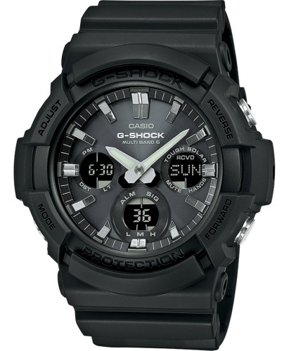 Крупные черные противоударные аналогово-цифровые часы CASIO G-SHOCK GAW-100B-1AER инверсные, Solar, Wave Ceptor, wr200m.