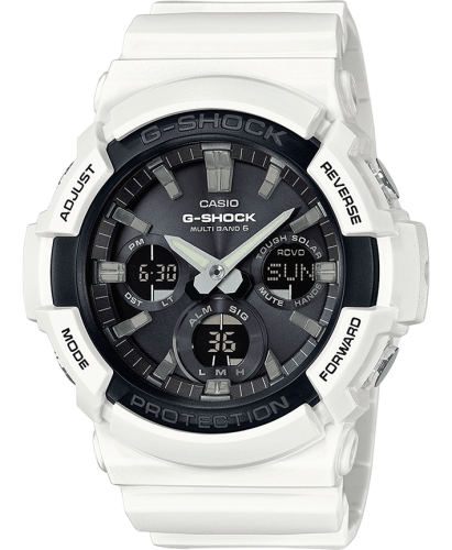 Крупные белые противоударные аналогово-цифровые часы CASIO G-SHOCK GAW-100B-7AER инверсные, Solar, Wave Ceptor, wr200m.