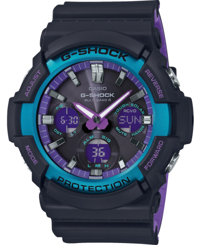 Крупные ударопрочные часы CASIO G-SHOCK GAW-100BL-1AER «’90s Color Blue&Purple Accent» Joker Solar, Wave Ceptor, Ana-Digi.