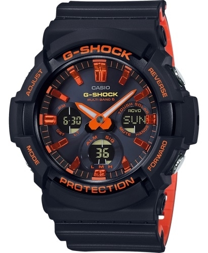 Крупные ударопрочные часы CASIO G-SHOCK GAW-100BR-1AER «Bright Orange» оранжево-черные Solar, Wave Ceptor, Ana-Digi, wr200m.